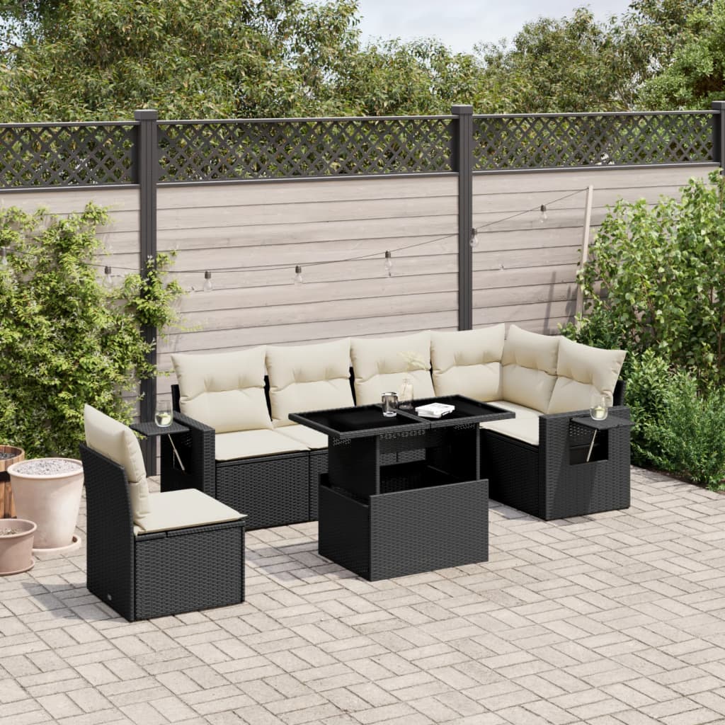 vidaXL 7-tlg. Garten-Sofagarnitur mit Kissen Schwarz Poly Rattan