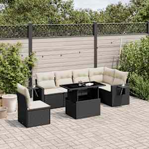 Vrtna sedežna garnitura 7-delna z blazinami črn poli ratan