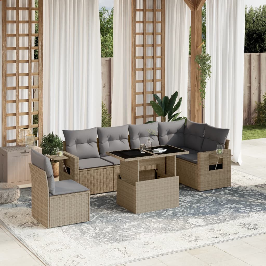 vidaXL 7-tlg. Garten-Sofagarnitur mit Kissen Beige Poly Rattan