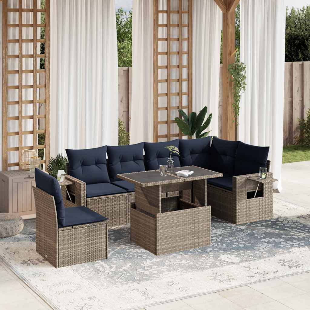 Havesofasæt i polyrattan - 7 dele med marineblå hynder, grå