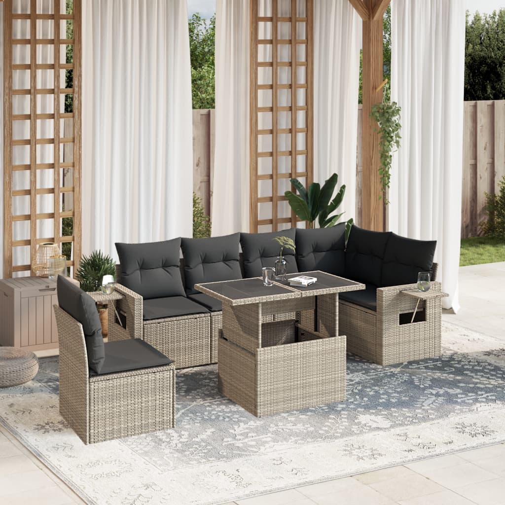 7-tlg. Garten-Sofagarnitur mit Kissen Hellgrau Poly Rattan