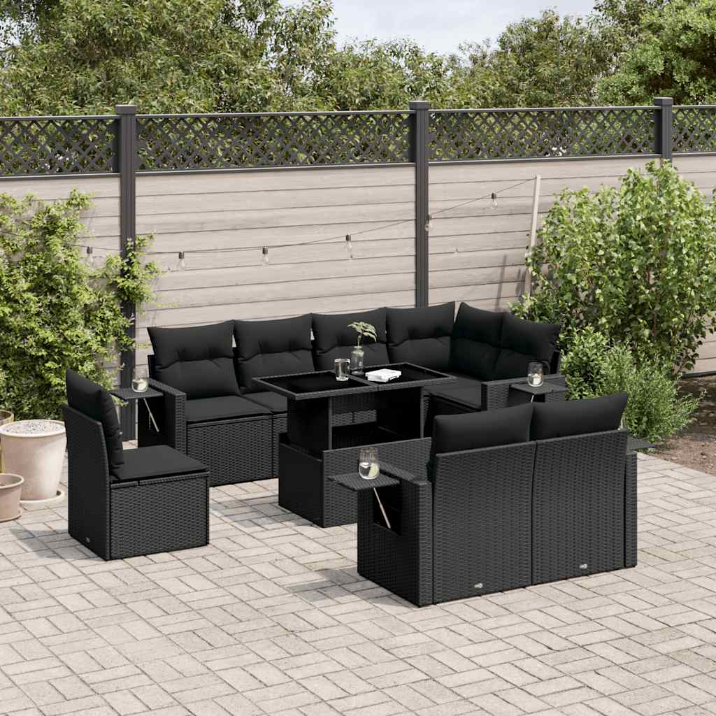 vidaXL 9-tlg. Garten-Sofagarnitur mit Kissen Schwarz Poly Rattan