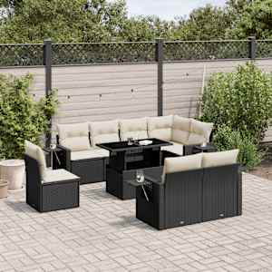 Vrtna sedežna garnitura 9-delna z blazinami črn poli ratan