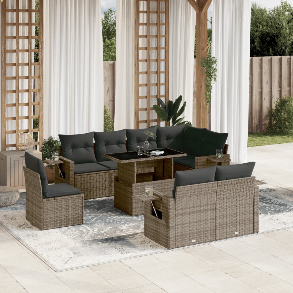 vidaXL 9-tlg. Garten-Sofagarnitur mit Kissen Grau Poly Rattan