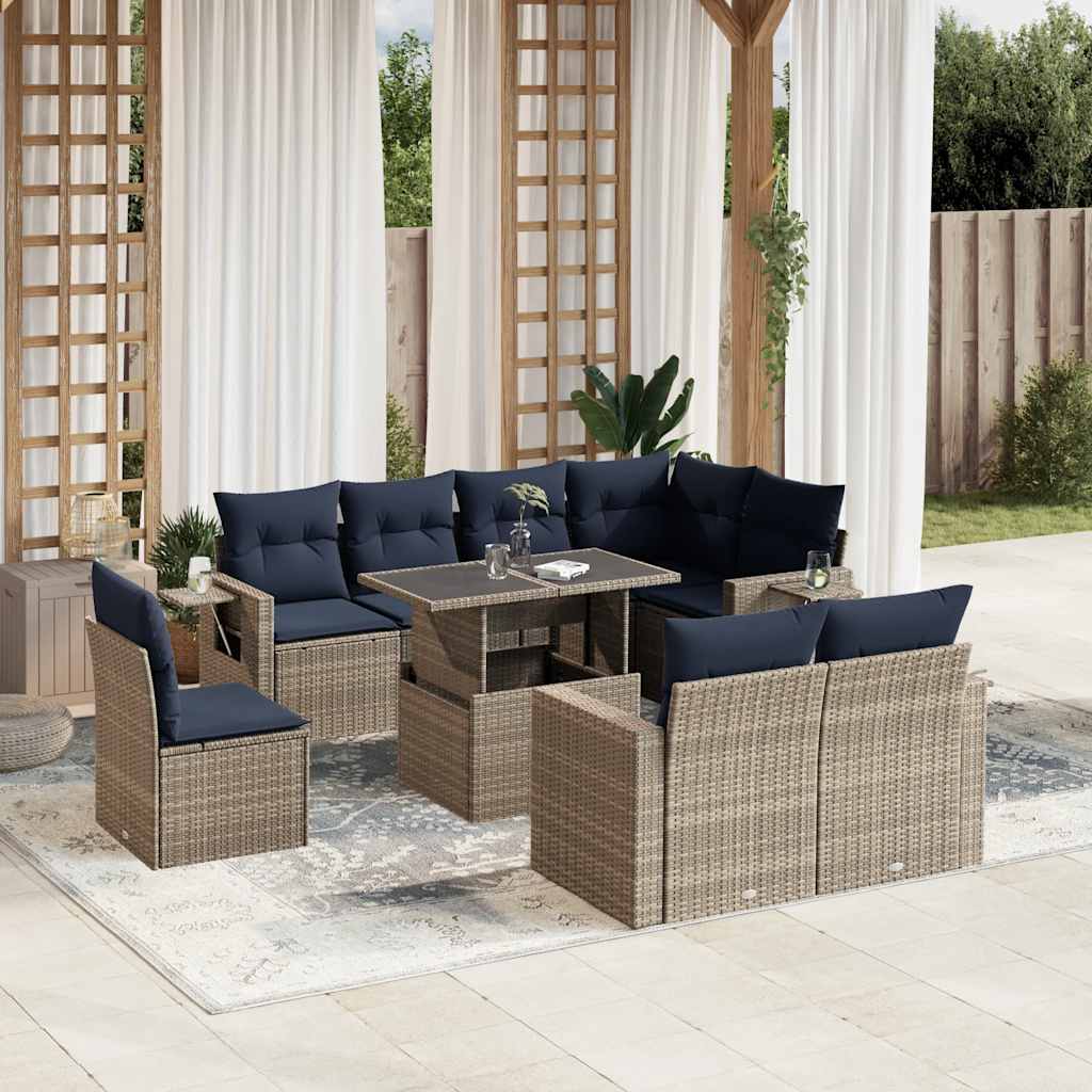 9-teiliges Gartensofa-Set mit Kissen, grau, Polyrattan