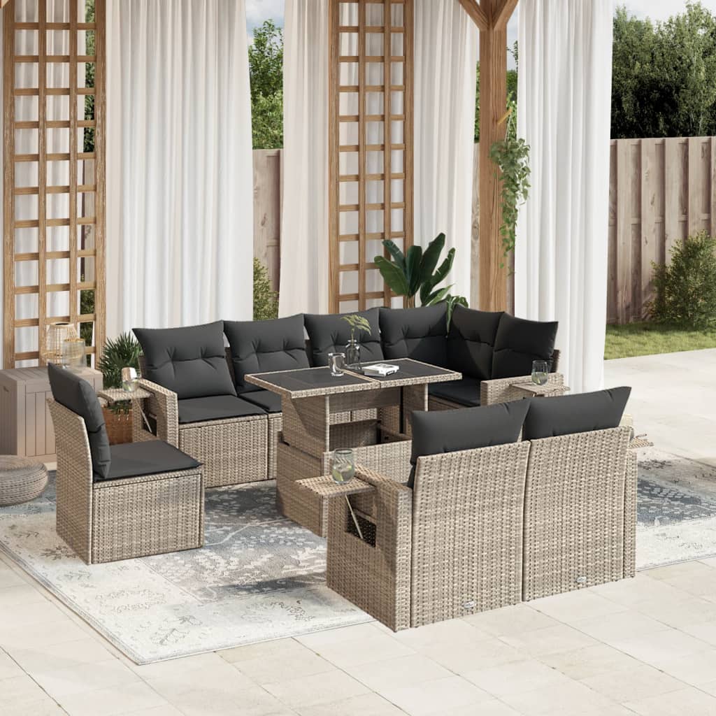 9-tlg. Garten-Sofagarnitur mit Kissen Hellgrau Poly Rattan