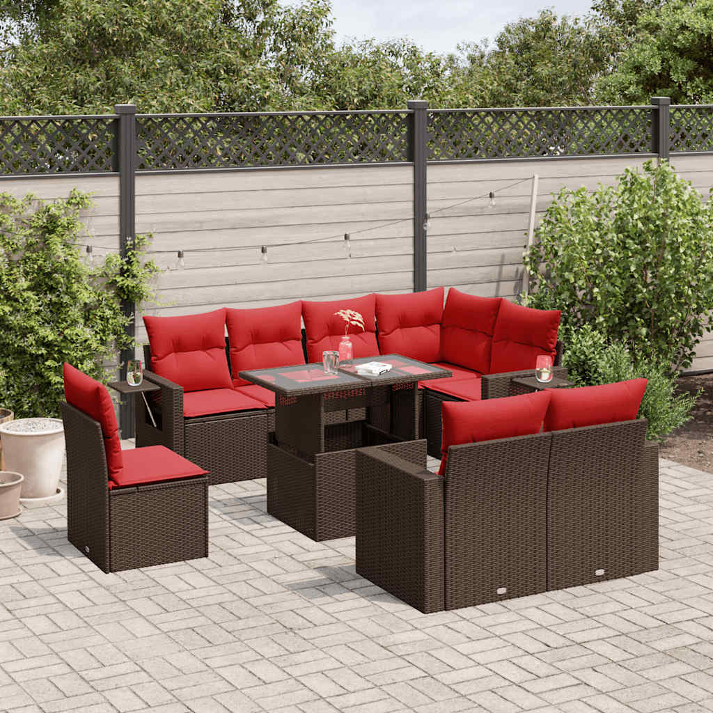 vidaXL 9-teiliges Gartensofa-Set mit Kissen, braun, Polyrattan