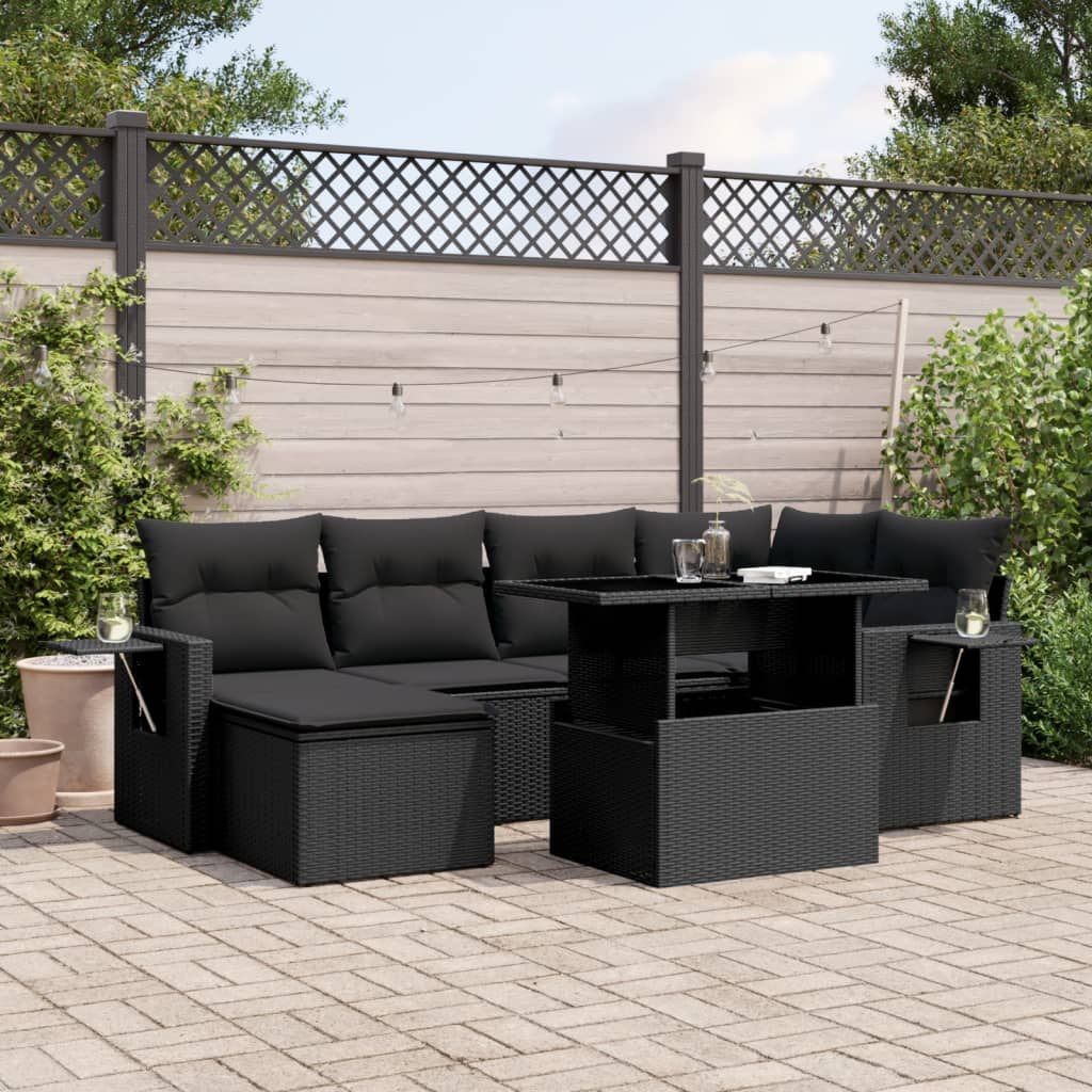 vidaXL 7-tlg. Garten-Sofagarnitur mit Kissen Schwarz Poly Rattan