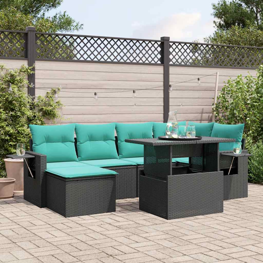 vidaXL 7-teiliges Gartensofa-Set mit Kissen, schwarzes Polyrattan
