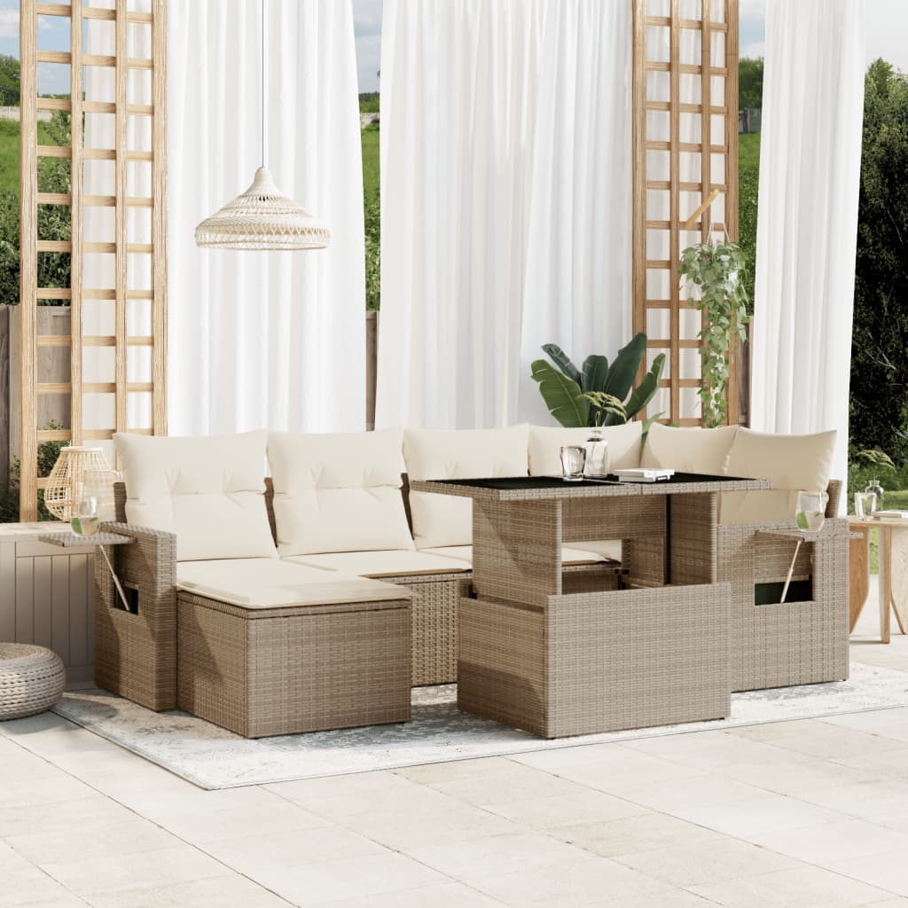 vidaXL 7-tlg. Garten-Sofagarnitur mit Kissen Beige Poly Rattan