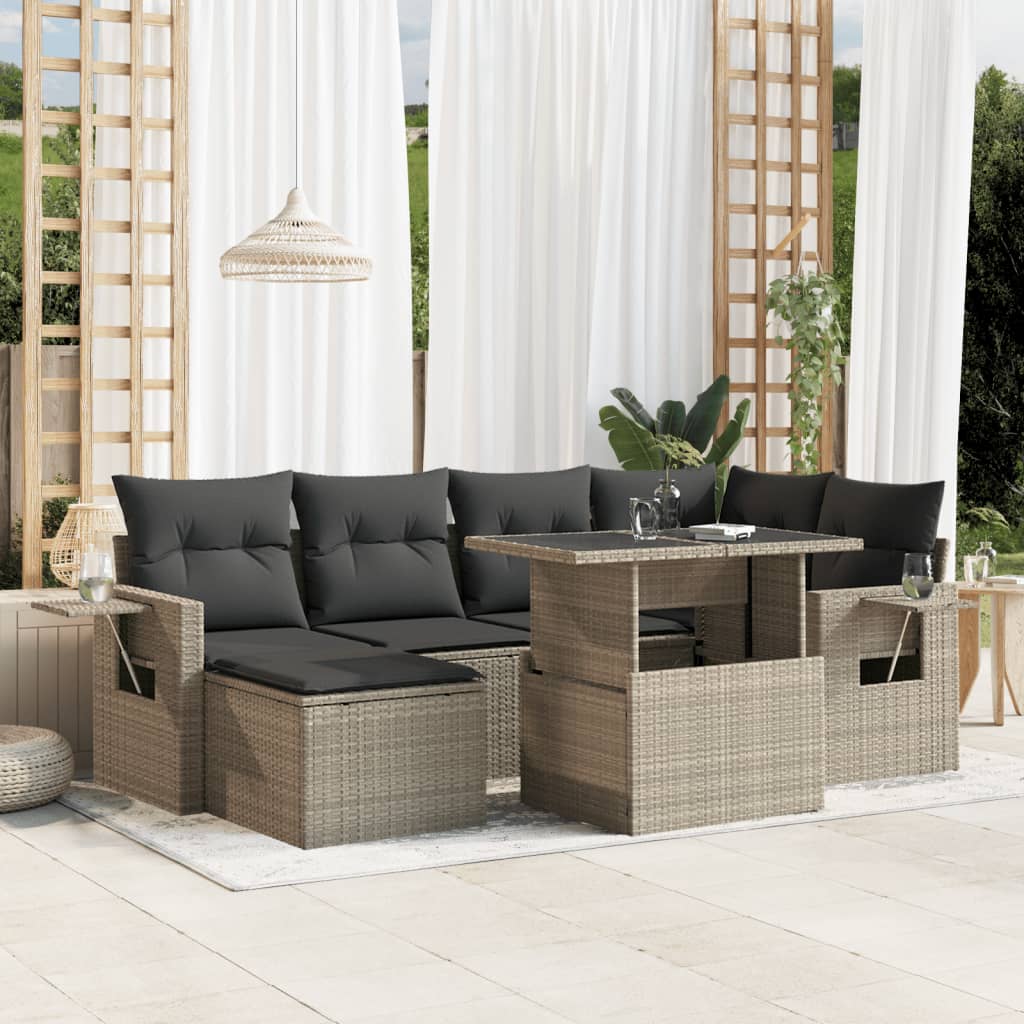 7-tlg. Garten-Sofagarnitur mit Kissen Hellgrau Poly Rattan