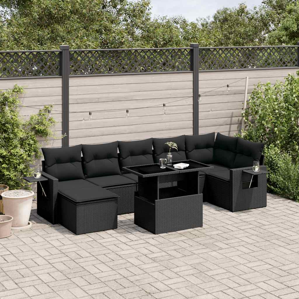 vidaXL 8-tlg. Garten-Sofagarnitur mit Kissen Schwarz Poly Rattan