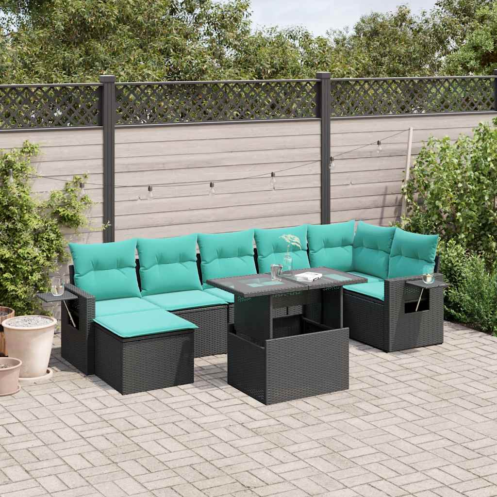8-delige tuinbankset met kussens, zwart polyrotan – afbeelding 1