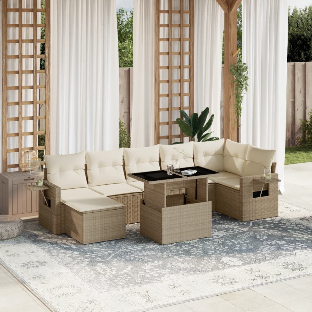 vidaXL 8-tlg. Garten-Sofagarnitur mit Kissen Beige Poly Rattan