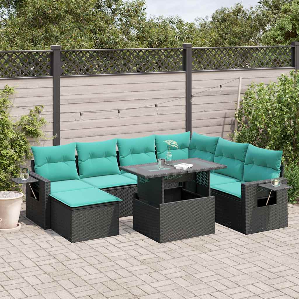 8-delige tuinbankset met kussens, zwart polyrotan – afbeelding 1