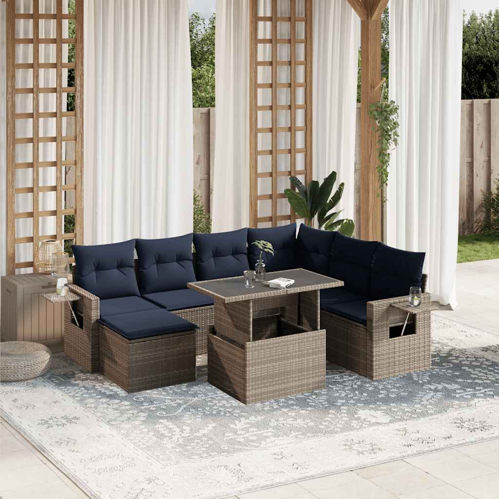 Havesofasæt i grå polyrattan med løftbart bord og 8 marineblå hynder
