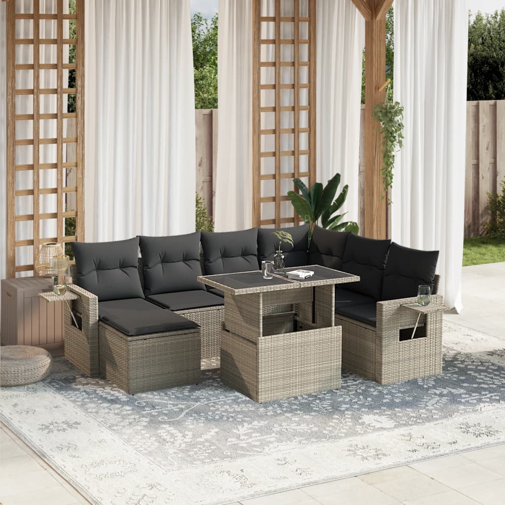 8-tlg. Garten-Sofagarnitur mit Kissen Hellgrau Poly Rattan