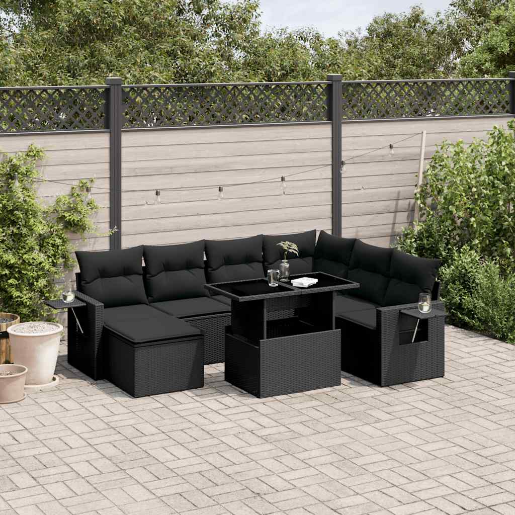 vidaXL Set mobilier de grădină cu perne, 9 piese, negru, poliratan