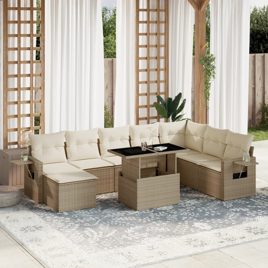 vidaXL 9-tlg. Garten-Sofagarnitur mit Kissen Beige Poly Rattan