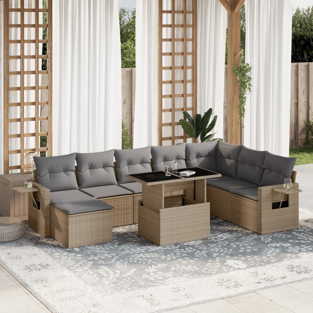 vidaXL 9-tlg. Garten-Sofagarnitur mit Kissen Beige Poly Rattan