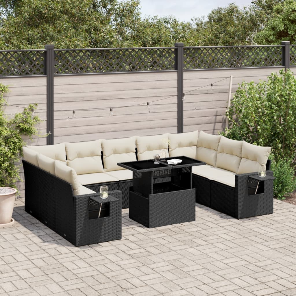 vidaXL 10-tlg. Garten-Sofagarnitur mit Kissen Schwarz Poly Rattan