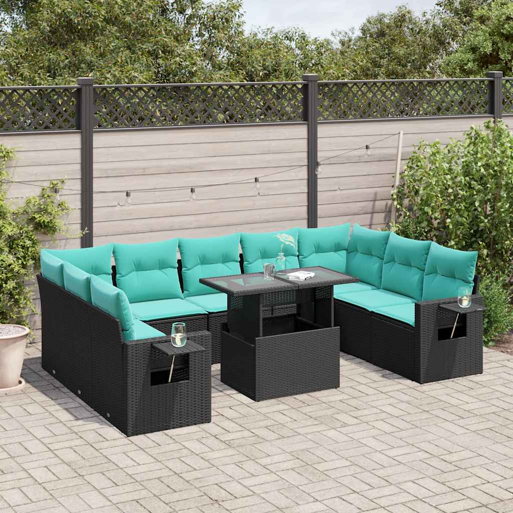 vidaXL 10-teiliges Gartensofa-Set mit Kissen, schwarzes Polyrattan