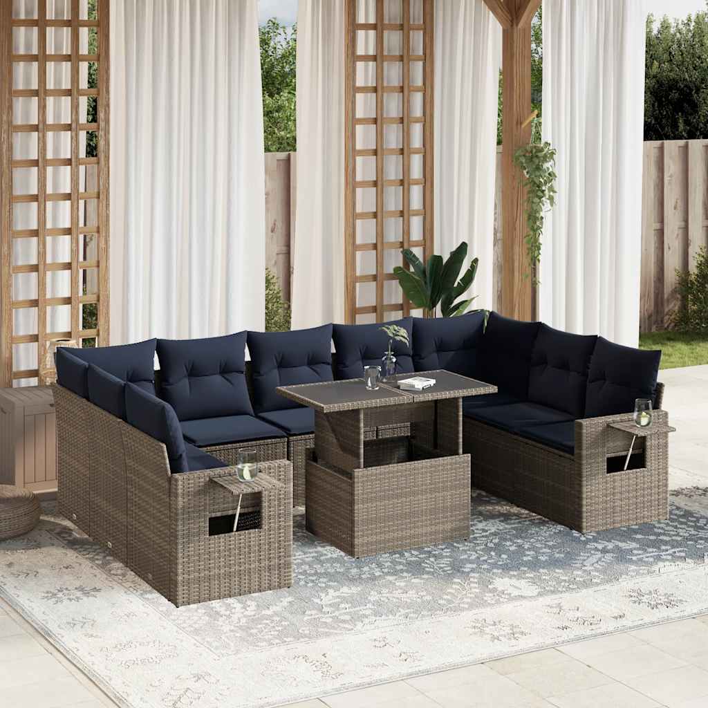 vidaXL 10-teiliges Gartensofa-Set mit Kissen, grau, Polyrattan