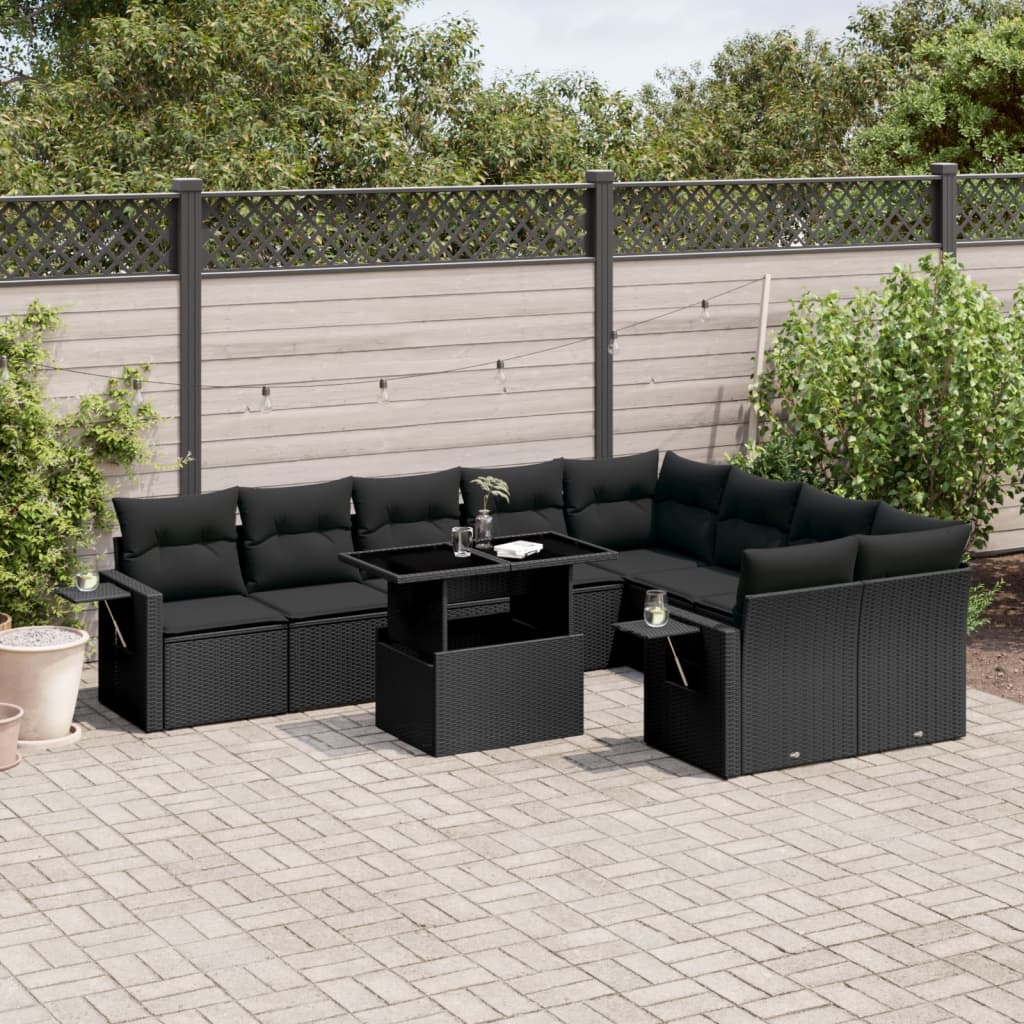 vidaXL 10-tlg. Garten-Sofagarnitur mit Kissen Schwarz Poly Rattan