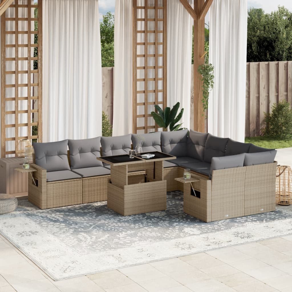 vidaXL 10-tlg. Garten-Sofagarnitur mit Kissen Beige Poly Rattan