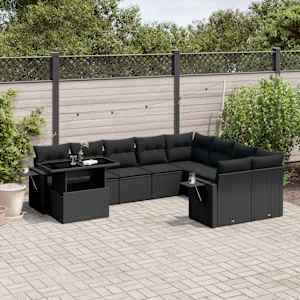 Vrtna sedežna garnitura 10-delna z blazinami črn poli ratan