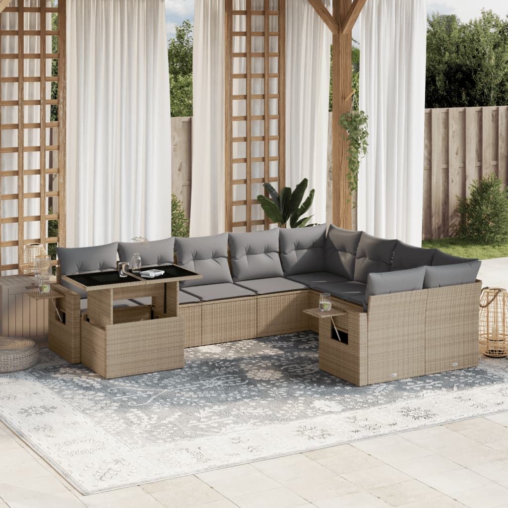 vidaXL 10-tlg. Garten-Sofagarnitur mit Kissen Beige Poly Rattan