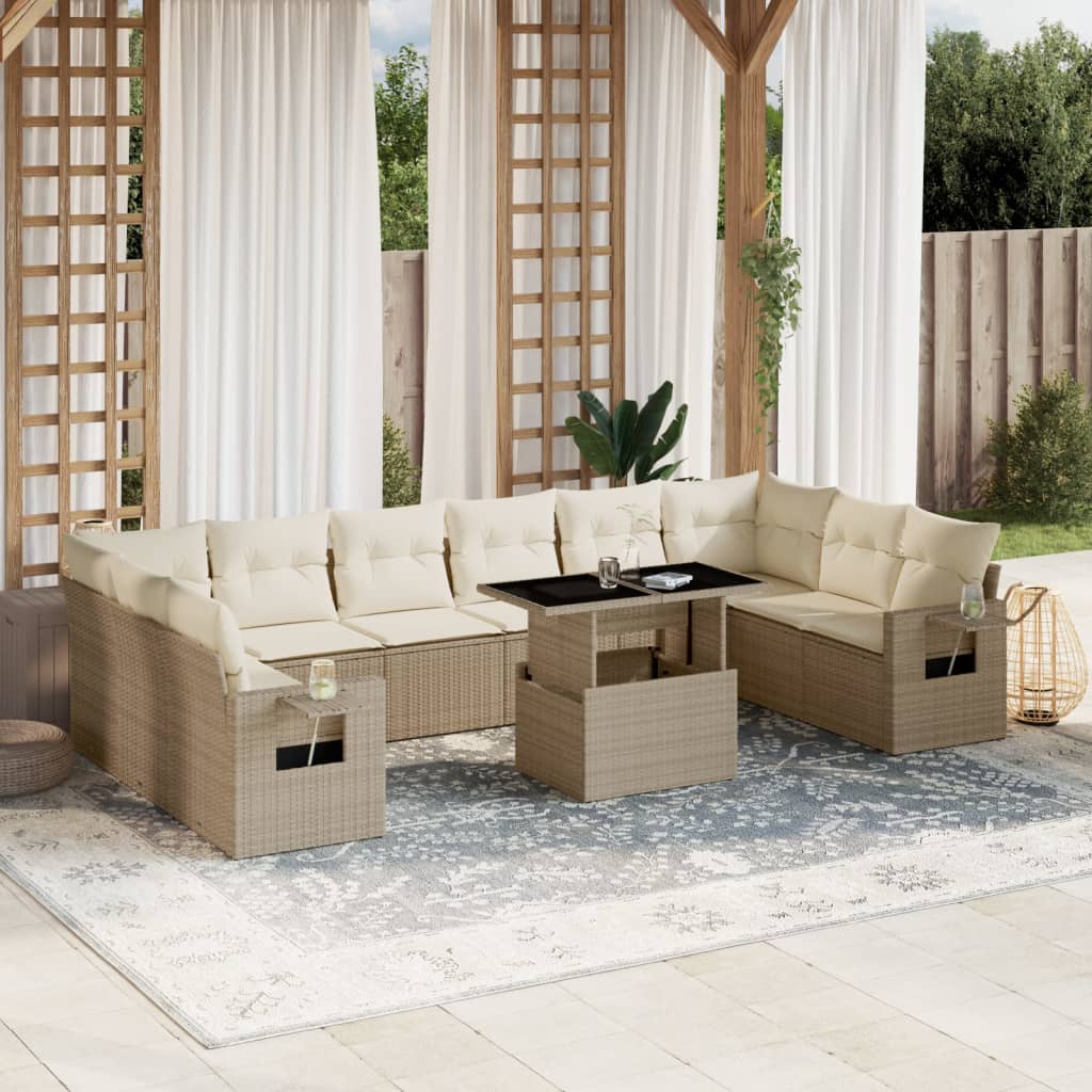 vidaXL 11-tlg. Garten-Sofagarnitur mit Kissen Beige Poly Rattan