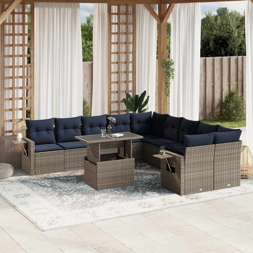 Havesofasæt i grå polyrattan med marineblå hynder - 11 dele