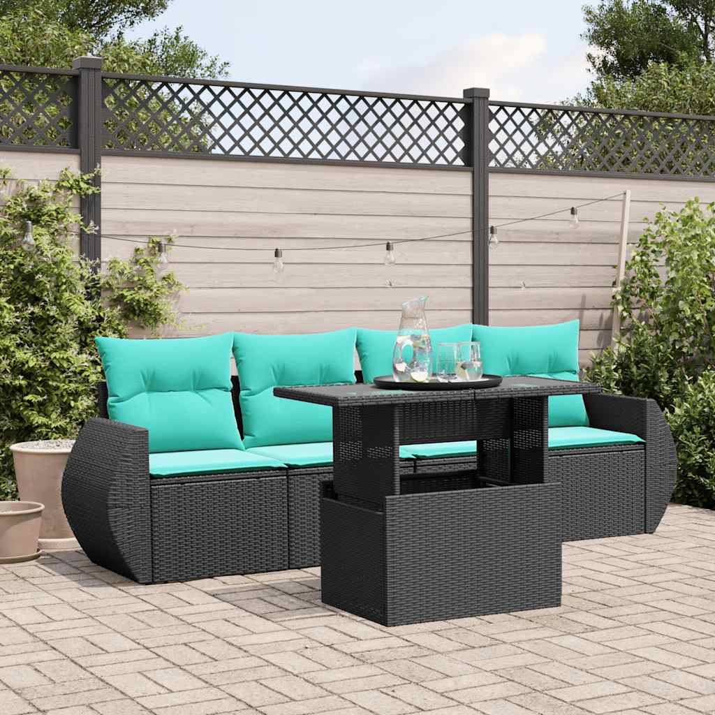 vidaXL 5-teiliges Gartensofa-Set mit Kissen, schwarzes Polyrattan