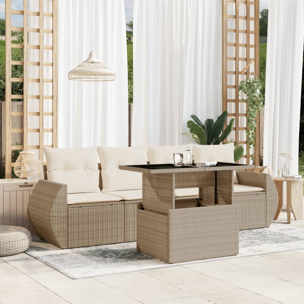 5-tlg. Garten-Sofagarnitur mit Kissen Beige Poly Rattan