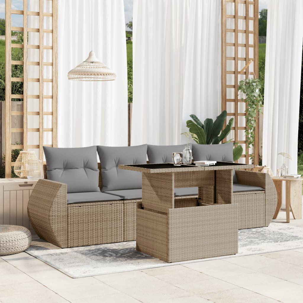 vidaXL 5-tlg. Garten-Sofagarnitur mit Kissen Beige Poly Rattan