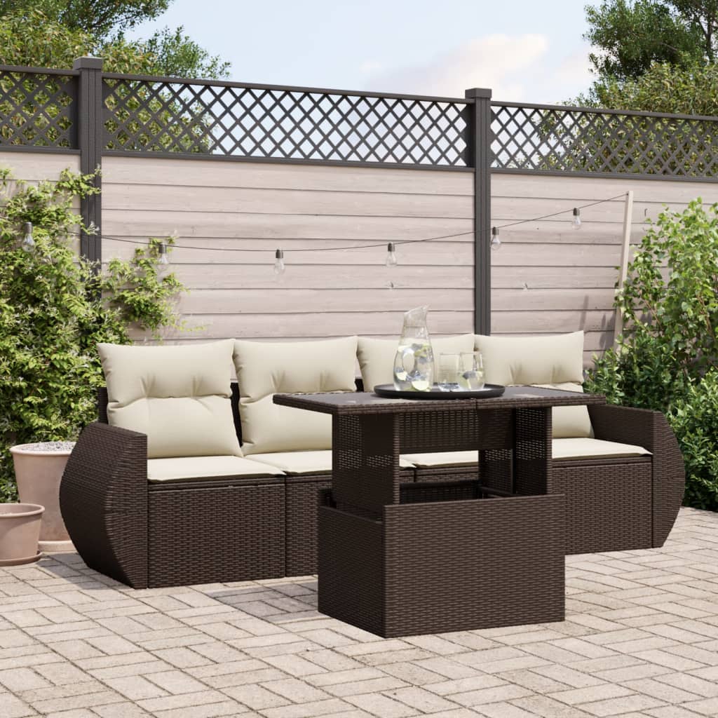 5-tlg. Garten-Sofagarnitur mit Kissen Braun Poly Rattan