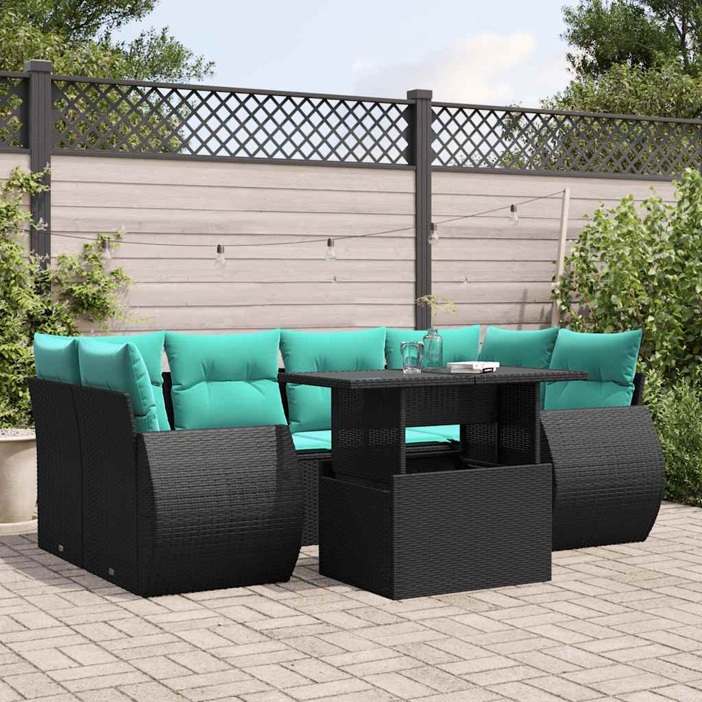 vidaXL 7-teiliges Gartensofa-Set mit Kissen, schwarzes Polyrattan