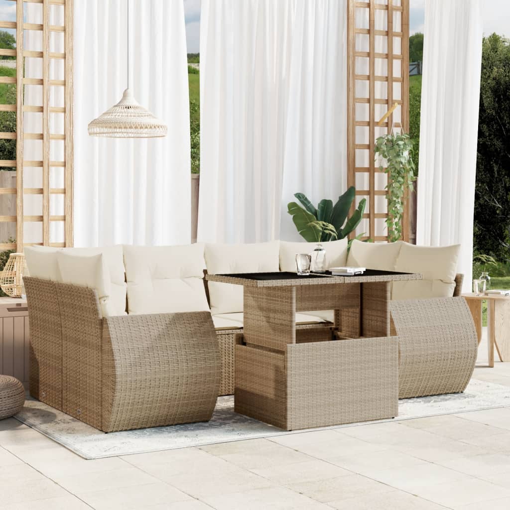 7-tlg. Garten-Sofagarnitur mit Kissen Beige Poly Rattan