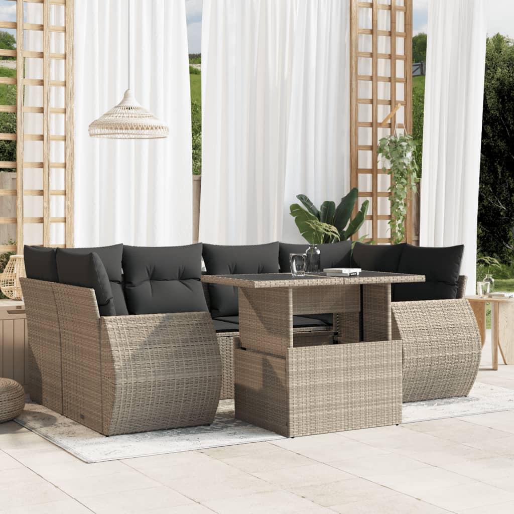 vidaXL 7-tlg. Garten-Sofagarnitur mit Kissen Hellgrau Poly Rattan