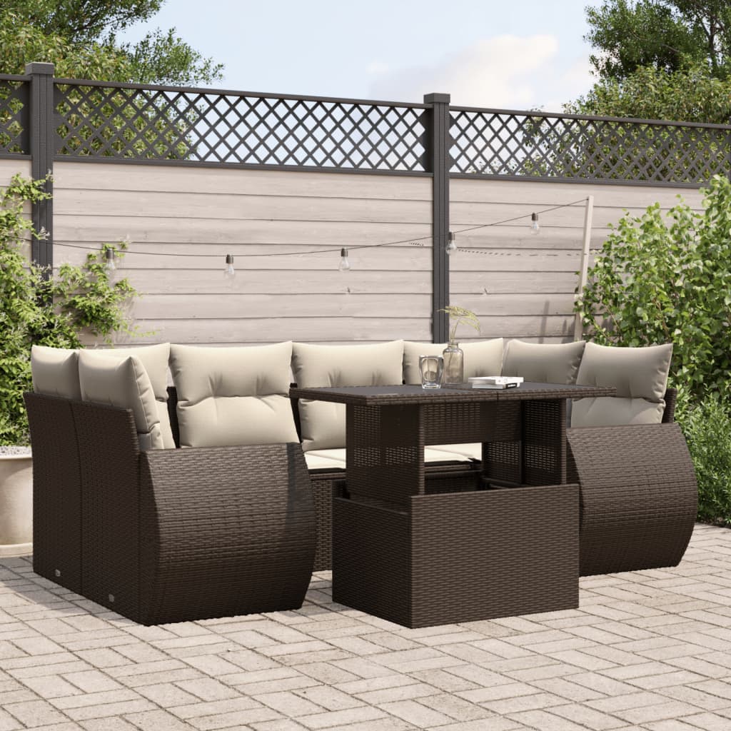 7-tlg. Garten-Sofagarnitur mit Kissen Braun Poly Rattan