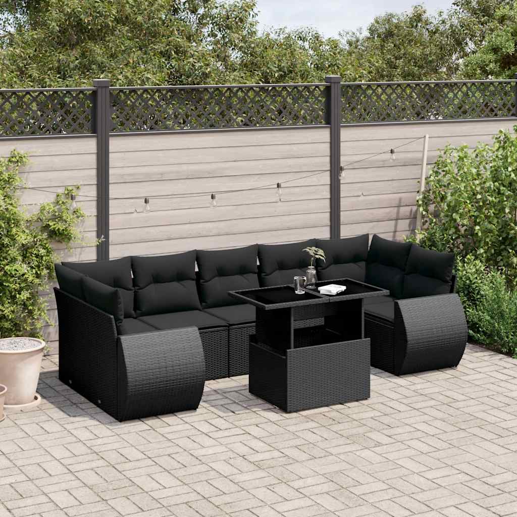 vidaXL Set mobilier de grădină cu perne, 8 piese, negru, poliratan