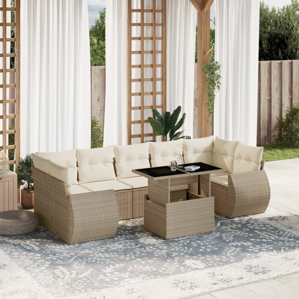 vidaXL 8-tlg. Garten-Sofagarnitur mit Kissen Beige Poly Rattan