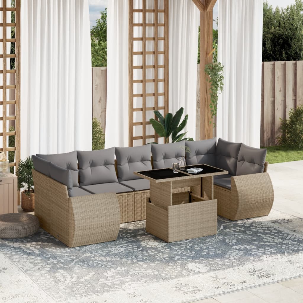 vidaXL 8-tlg. Garten-Sofagarnitur mit Kissen Beige Poly Rattan