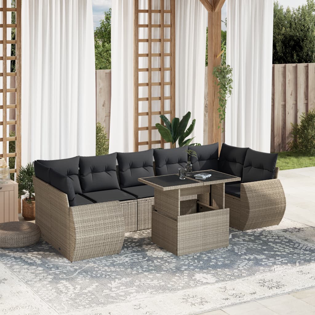 8-tlg. Garten-Sofagarnitur mit Kissen Hellgrau Poly Rattan