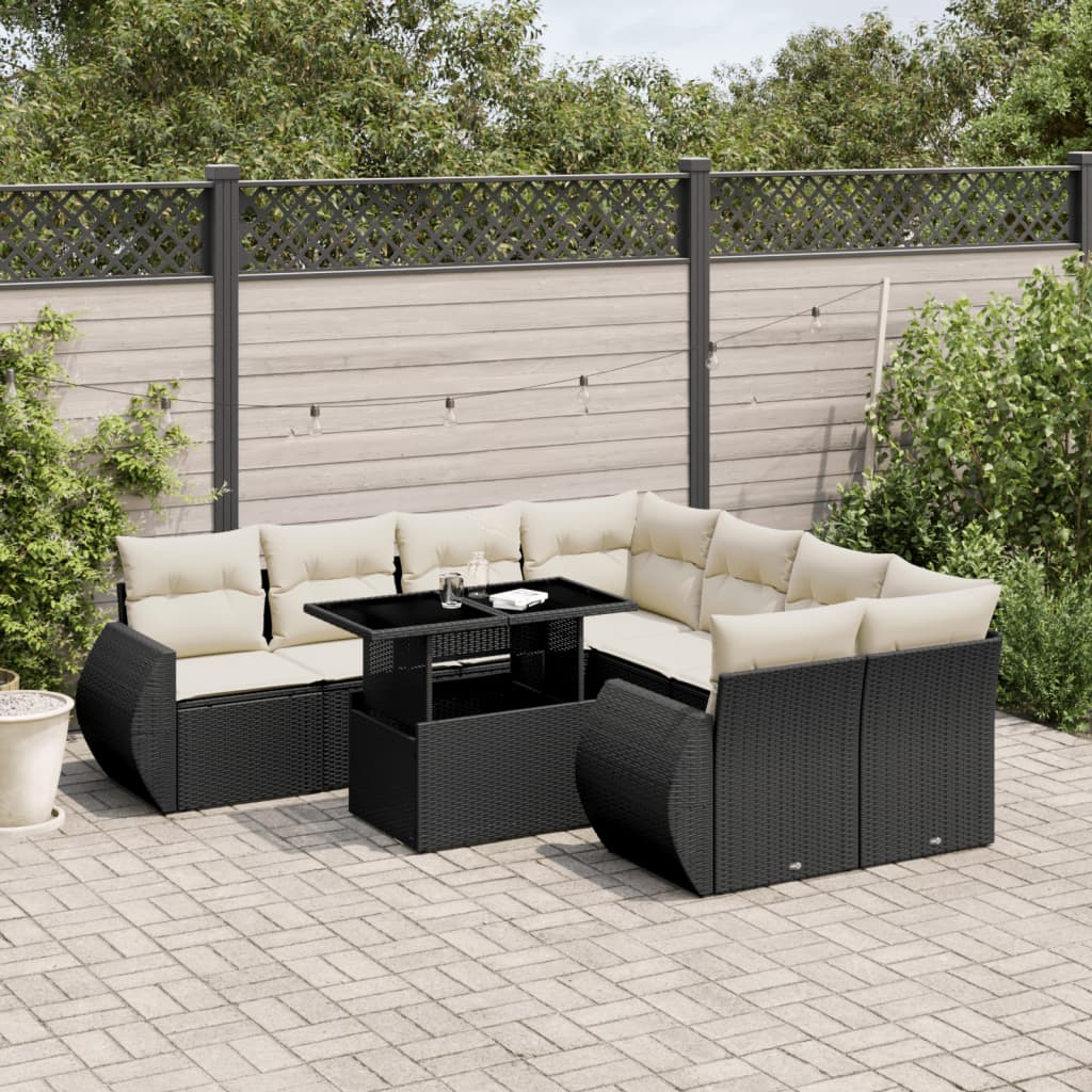 vidaXL 9-tlg. Garten-Sofagarnitur mit Kissen Schwarz Poly Rattan