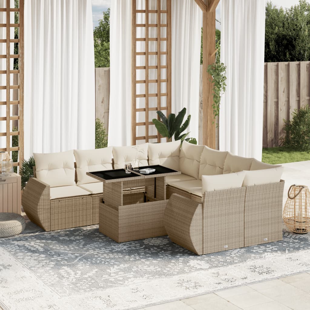 9-tlg. Garten-Sofagarnitur mit Kissen Beige Poly Rattan