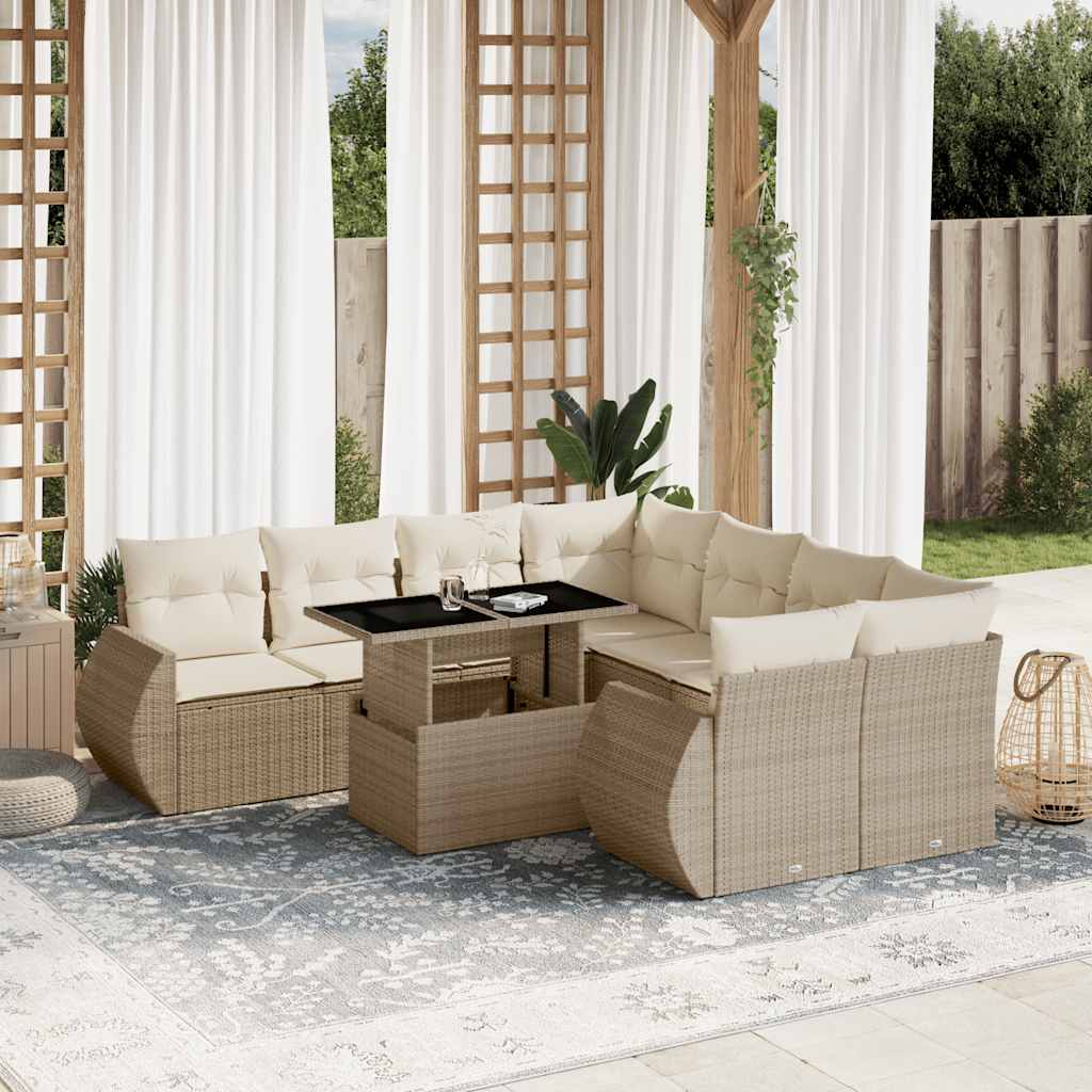 vidaXL 9-tlg. Garten-Sofagarnitur mit Kissen Beige Poly Rattan