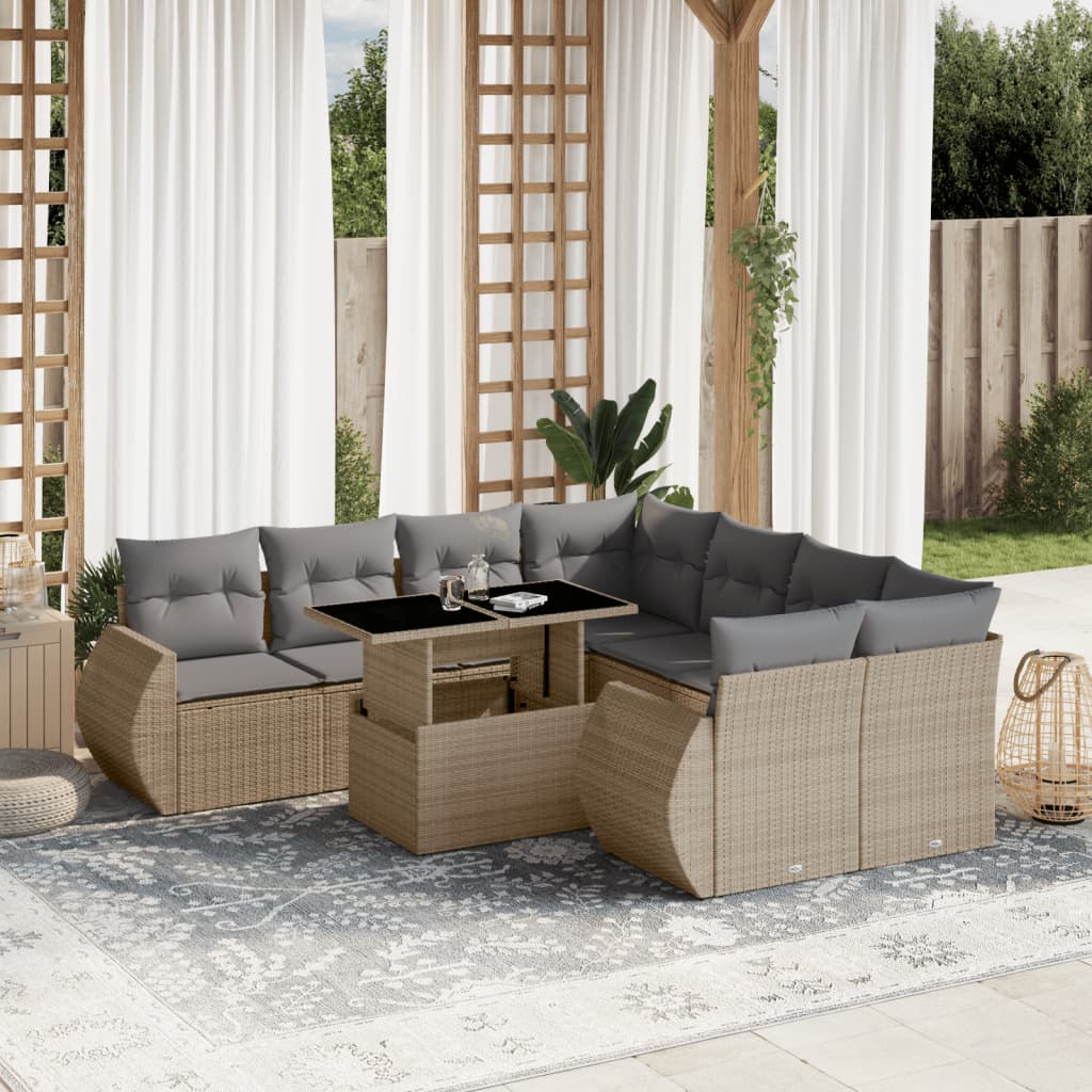 vidaXL 9-tlg. Garten-Sofagarnitur mit Kissen Beige Poly Rattan