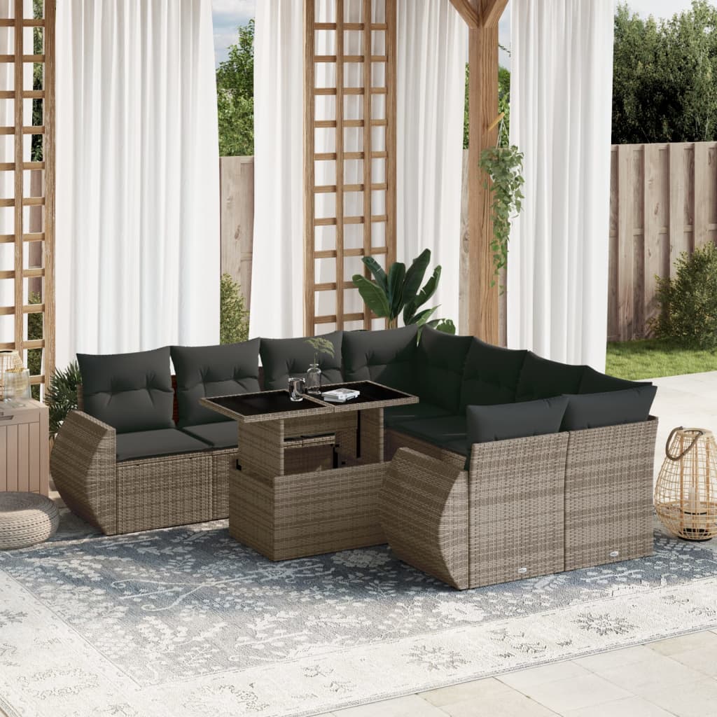 vidaXL 9-tlg. Garten-Sofagarnitur mit Kissen Grau Poly Rattan